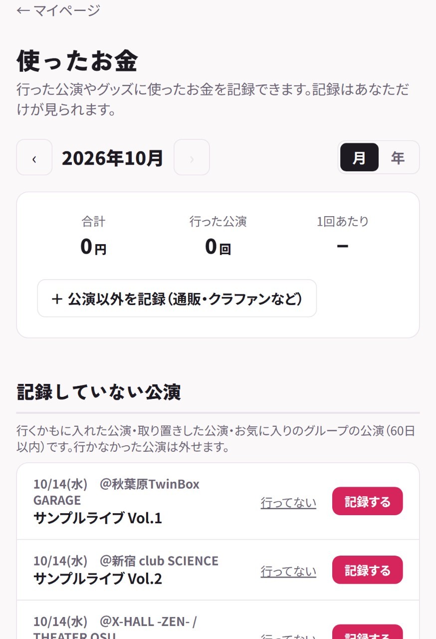 使ったお金のページ。月の合計と、記録していない公演の一覧